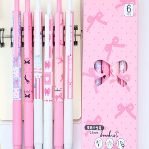 Bút Gel Bấm Thiết Kế Nơ Hồng Pastel Combo 6 Cây Ngòi 0.5mm Văn Phòng Phẩm Dễ Thương