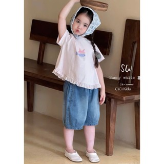 [B&G] Sét bộ Áo thun hồng bèo phối quần jean lững ống rộng, năng động cho bé diện đi chơi, đi học
