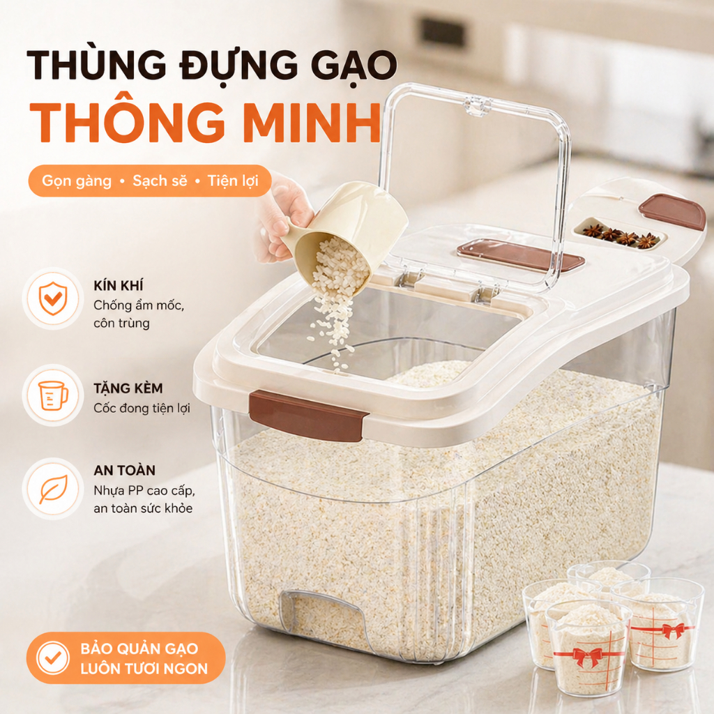 Thùng Đựng Gạo 20kg-35kg Nắp Lật Chống Côn Trùng Chống Ẩm, Hộp Đựng Gạo Đựng Ngũ Cốc Đồ Khô Cao Cấp