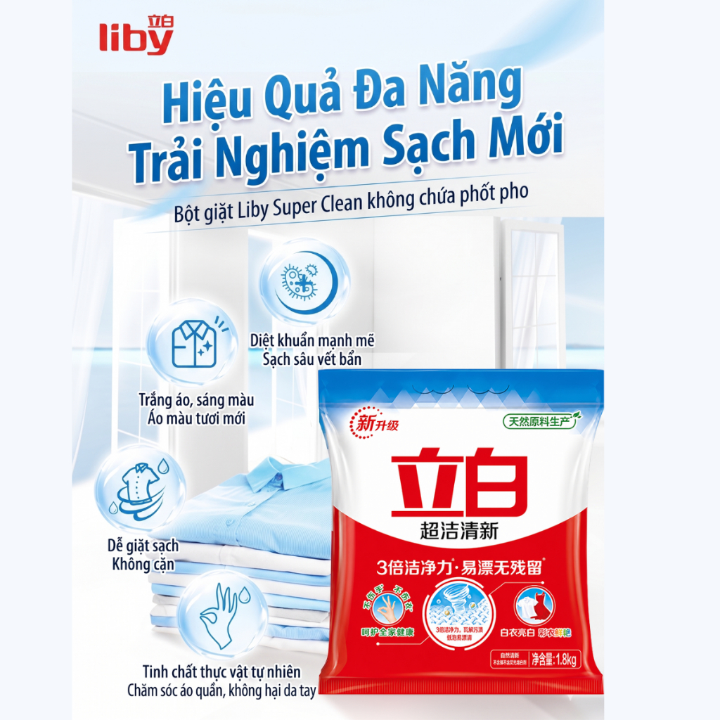 Bột giặt Liby siêu sạch 1.8KG không chứa Phốt Pho, Bột giặt quần áo an toàn cho da tay dễ hòa tan