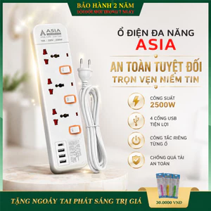 Ổ Điện ASIA Lighting 2026 Cao Cấp – Tích Hợp USB + Type-C Sạc Nhanh 20W, Nhiều Ổ Cắm, Dây Dài 3M/5M, Công Suất 2500W