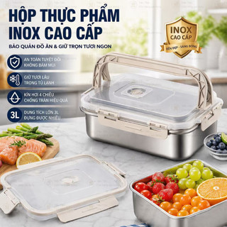 Hộp đựng thực phẩm inox cao cấp 3L, hộp kín hơi chống tràn, giữ tươi đồ ăn, dùng cho tủ lạnh và mang đi