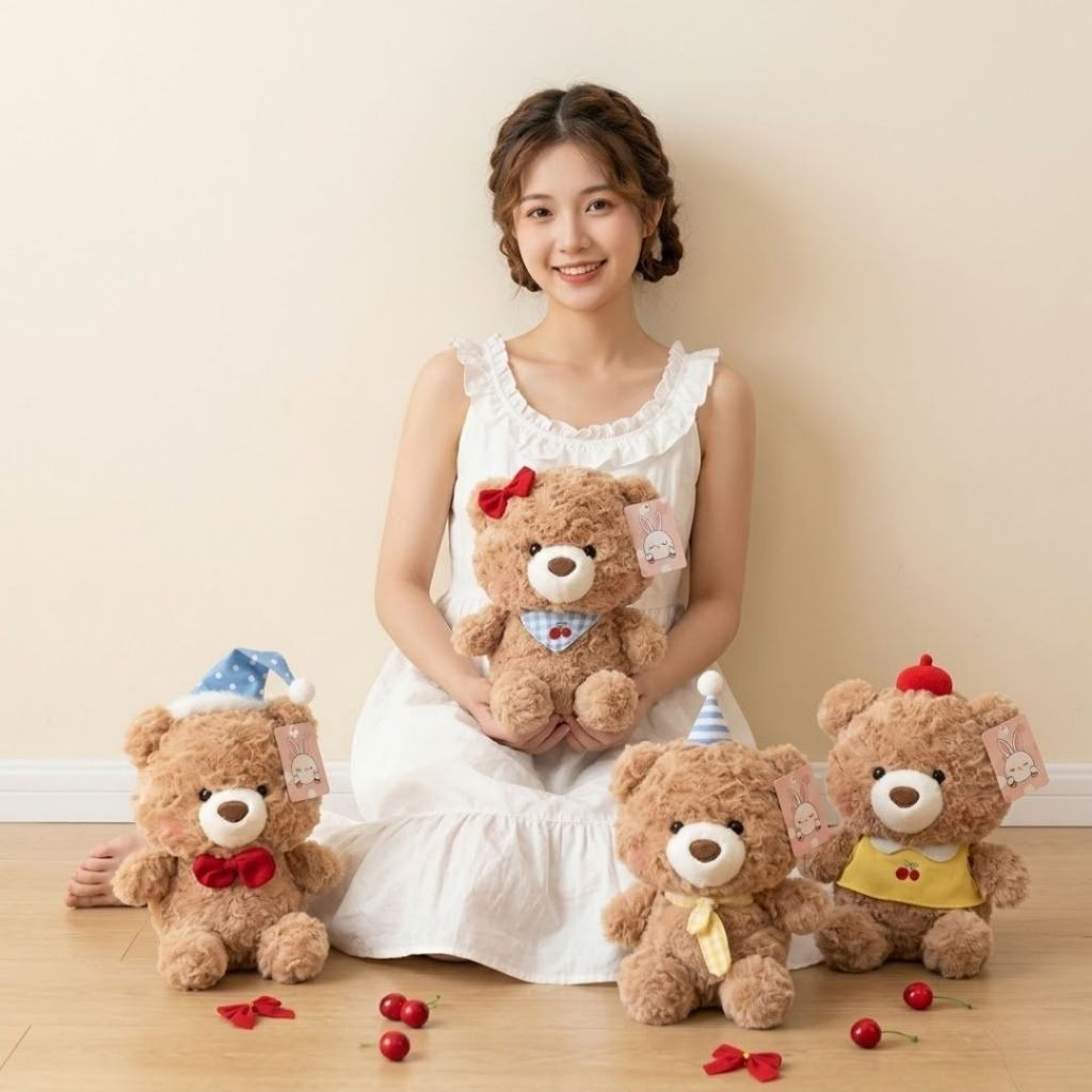 Gấu Bông Teddy Mini Lông Xù Phối Mũ Yếm Đáng Yêu Làm Quà Tặng Sinh Nhật Cho Bé,Bạn Gái