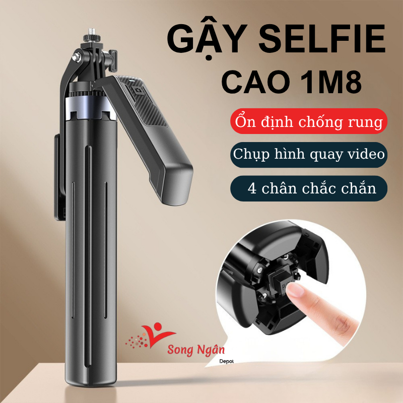 P18 Gậy selfie Gậy chụp ảnh 4 chân cao 1m8 có remote Gậy tripod cầm tay chống rung có đèn led