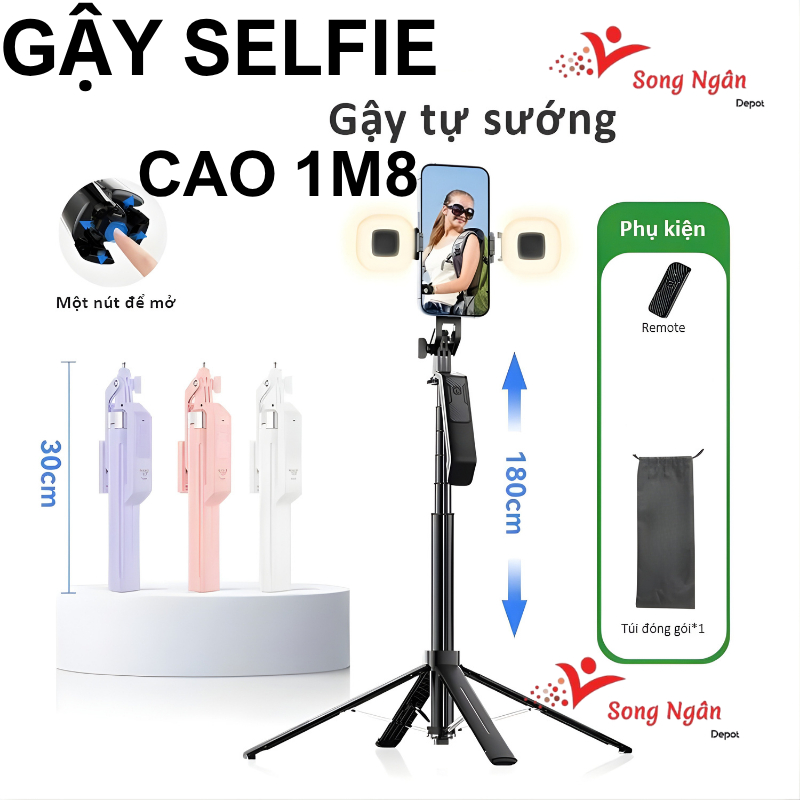 P18 Gậy selfie Gậy chụp ảnh 4 chân cao 1m8 có remote Gậy tripod cầm tay chống rung có đèn led