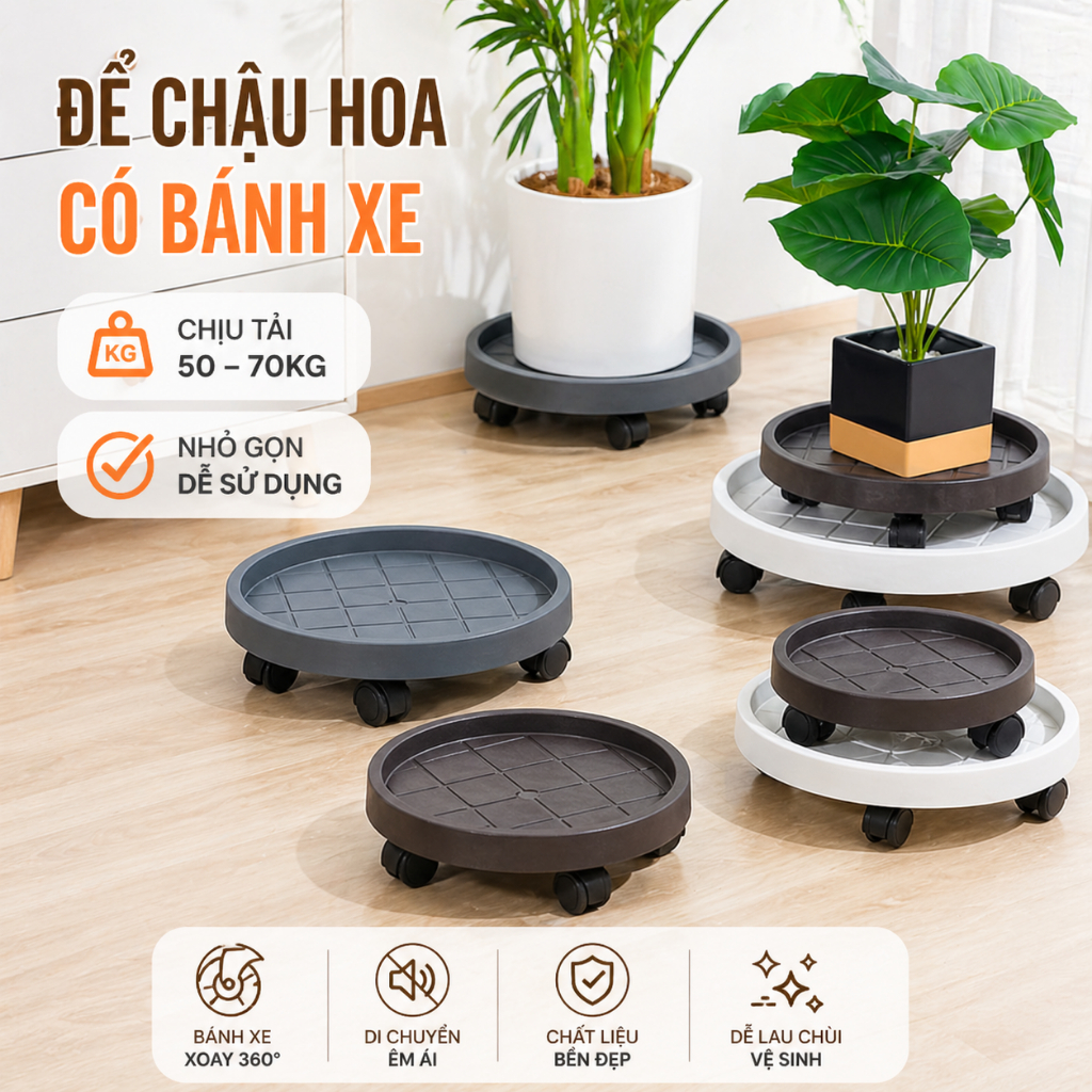 Đế Lót Chậu Hoa, Cây Cảnh Có Bánh Xe Di Chuyển Tiện Lợi DINO, Đế Kê Chậu Cây Chất Liệu Nhựa PP Dày Dặn