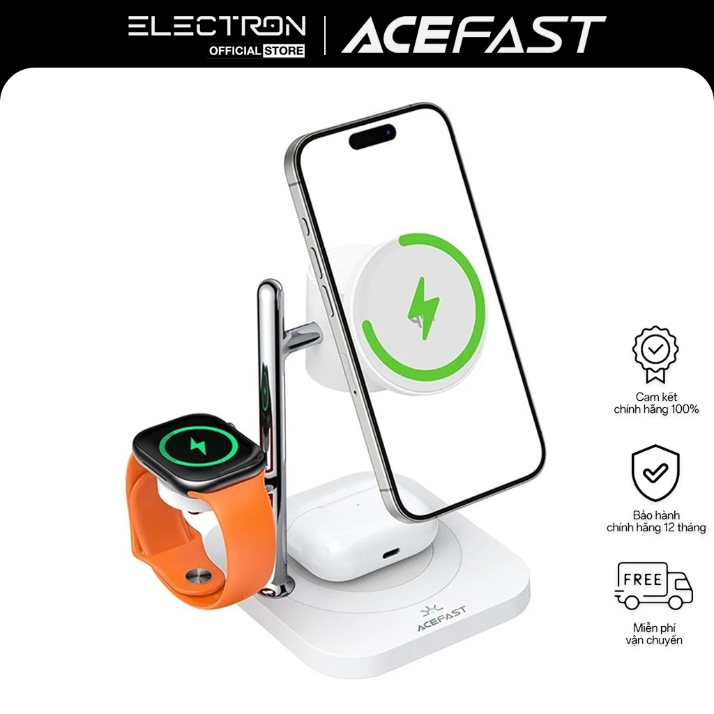 Đế sạc không dây 4 trong 1 ACEFAST E39 tích hợp đèn ngủ, trạm sạc điện thoại, đồng hồ và tai nghe, thiết kế để bàn
