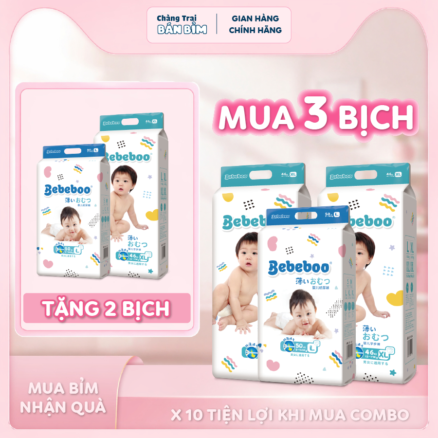 [3 +2] COMBO 5 BỊCH  Tã/Bỉm BEBEBOO Siêu Thấm Hút Công Nghệ Nhật Bản, Chống tràn tối đa, Thoáng khí đủ size NB/S/M/L/XL