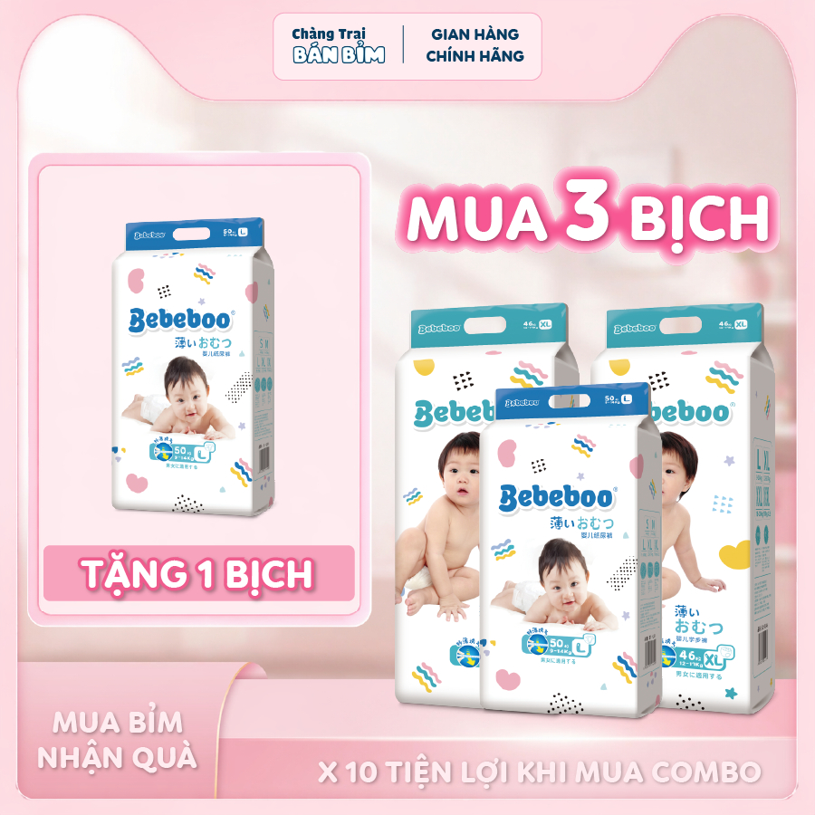 [3+1] COMBO 4 BỊCH Tã/Bỉm BEBEBOO Siêu Thấm Hút Công Nghệ Nhật Bản, Chống tràn tối đa, Thoáng khí đủ size M/L/XL/2XL/3XL