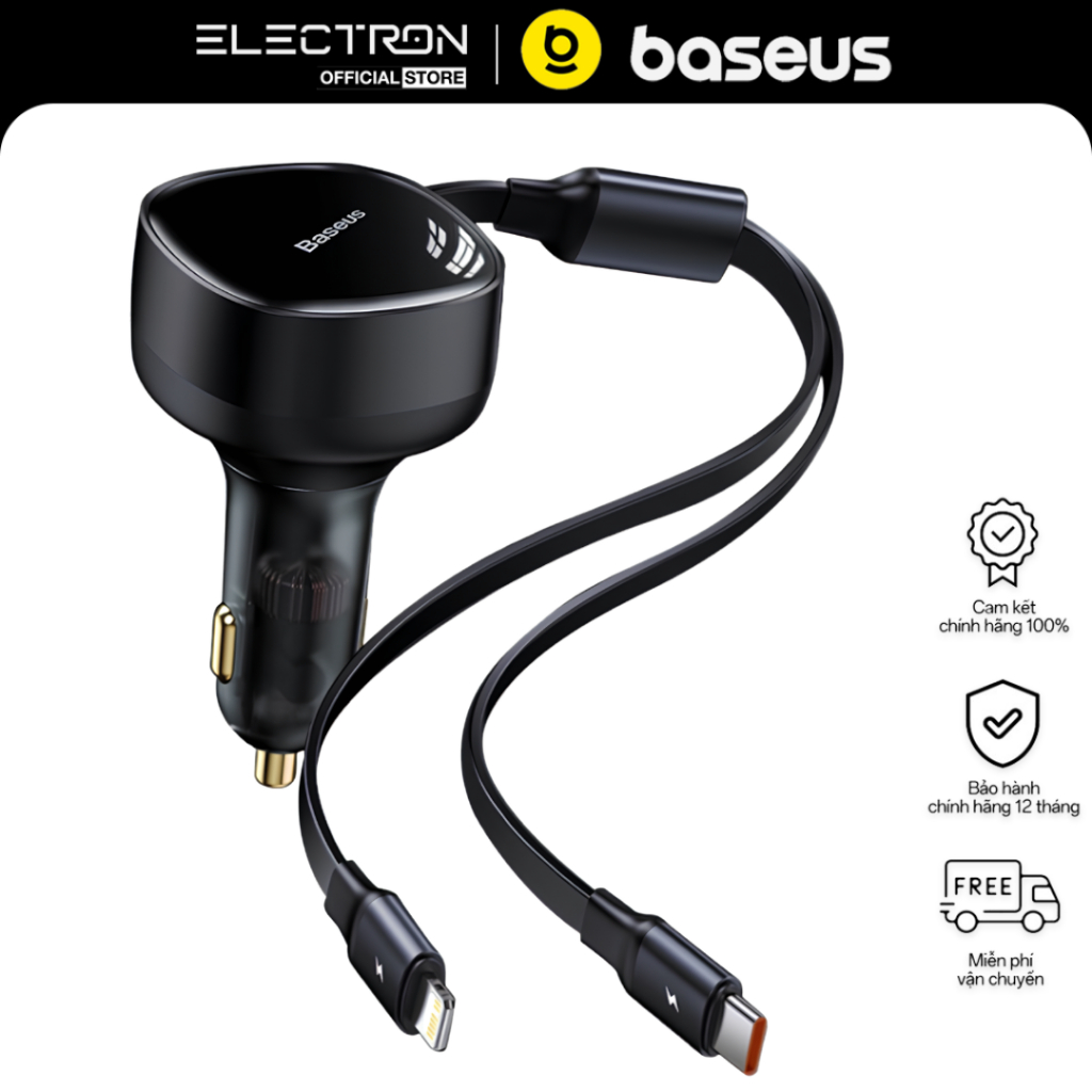 Tẩu Sạc Nhanh Kèm Cáp Dây Rút 2 Đầu Type C + IP Baseus Enjoyment Retractable 2 in 1 Car Charger 30W