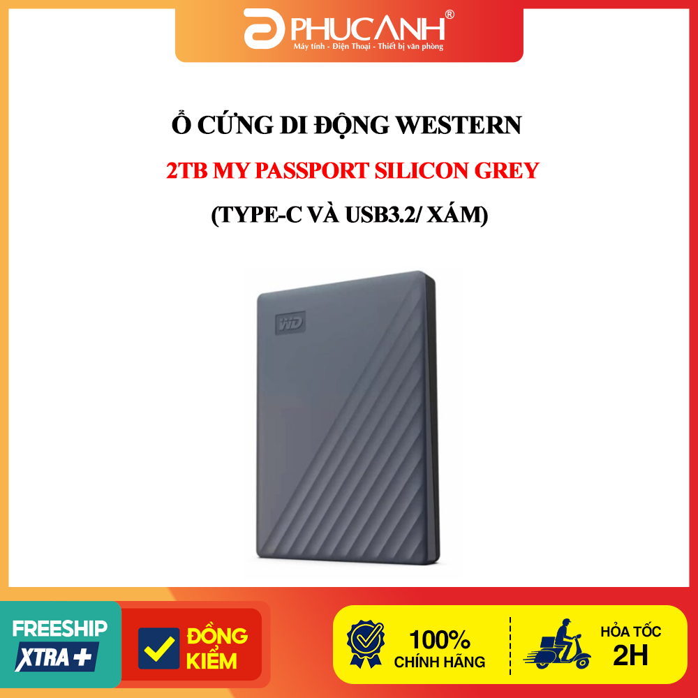 Ổ cứng di động Western 2Tb My Passport Silicon Grey (Type-C và USB3.2/ Xám) | BigBuy360 - bigbuy360.vn
