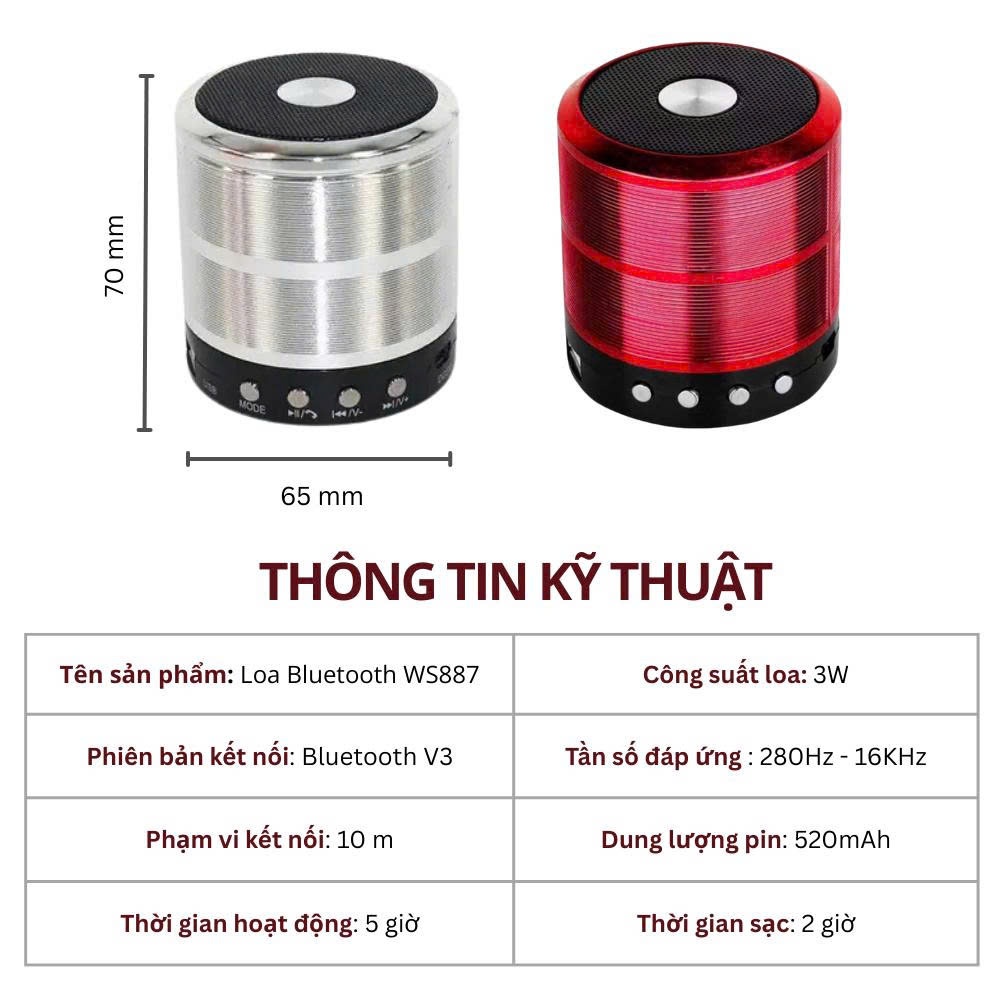 Loa Nghe Nhạc Bluetooth WS-887 Mini Bass Hay Có USB Thẻ Nhớ AUX Nhỏ Gọn Tiện Lợi