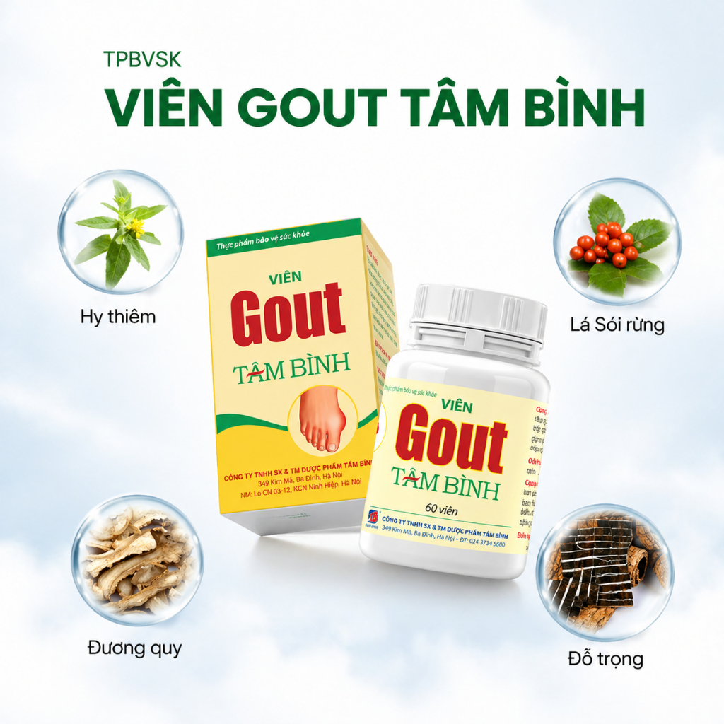 Viên Gout Tâm Bình hộp 60 viên - Hỗ trợ giảm triệu chứng đau do gút, lợi tiểu, tăng đào thải acid uric.