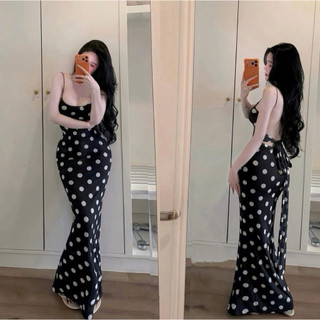 Đầm body hai dây hở lưng cột nơ dáng dài đuôi cá sang chảnh ( freesize < 55kg )