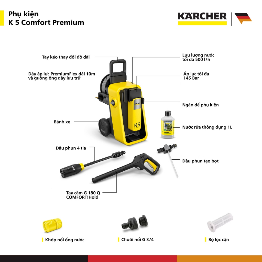 [Sản xuất Châu Âu] Máy phun rửa áp lực cao Karcher K 5 Comfort Premium - Động cơ từ - Công suất 2100W - Bảo hành 2 năm