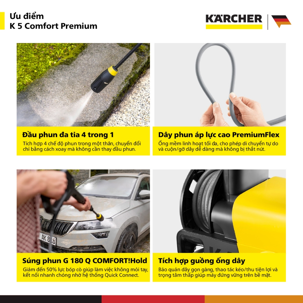 [Sản xuất Châu Âu] Máy phun rửa áp lực cao Karcher K 5 Comfort Premium - Động cơ từ - Công suất 2100W - Bảo hành 2 năm