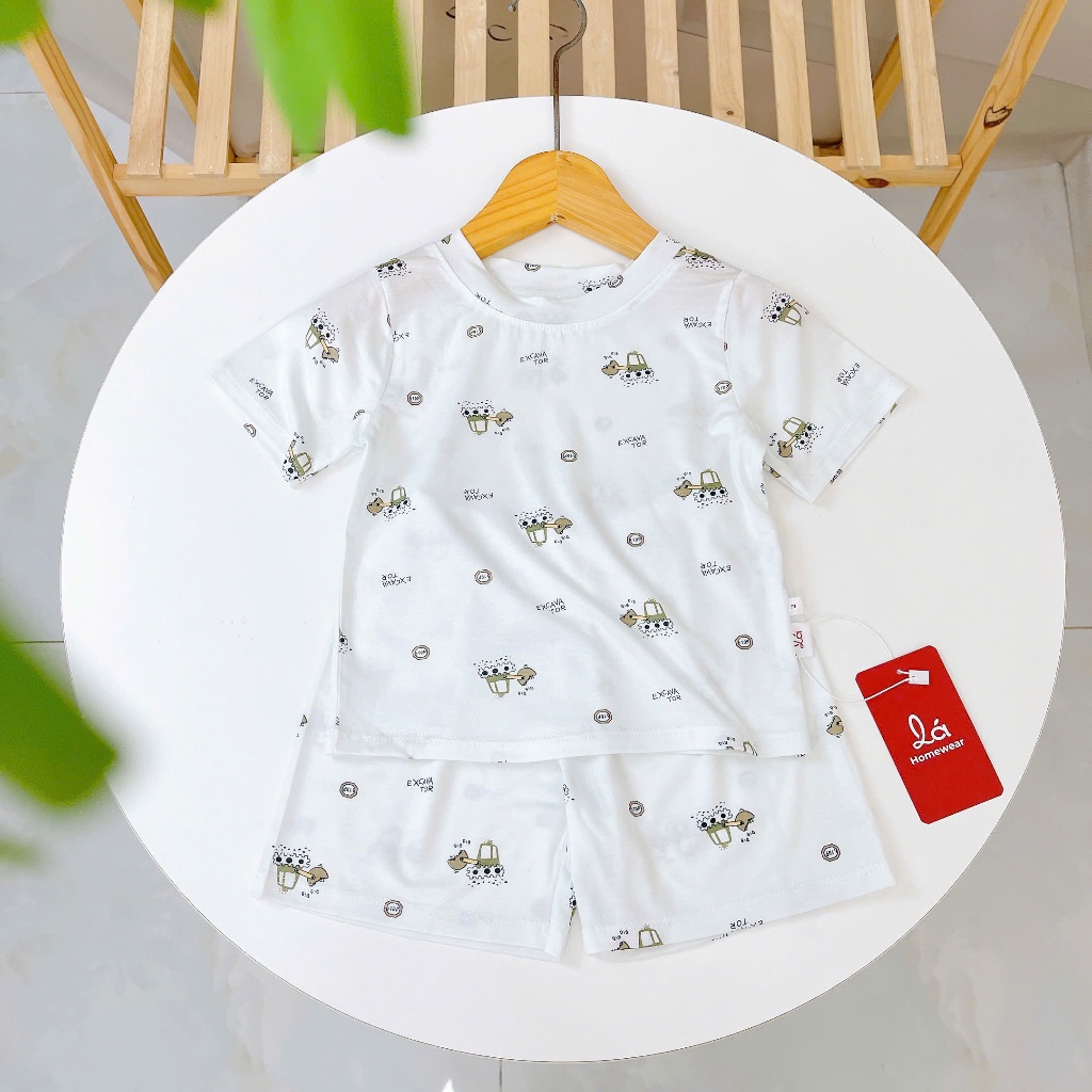 Bộ đùi bé trai mỏng mát lạnh Lá Homewear TCL4, bộ cộc tay cho bé mặc hè hình xe khủng long
