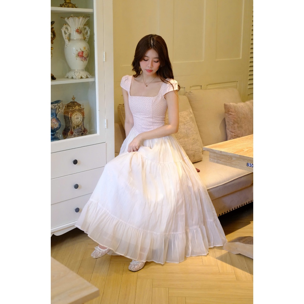 Diana dress phối tơ dáng dài màu vàng nhạt kiểu dáng công chúa thời trang cao cấp