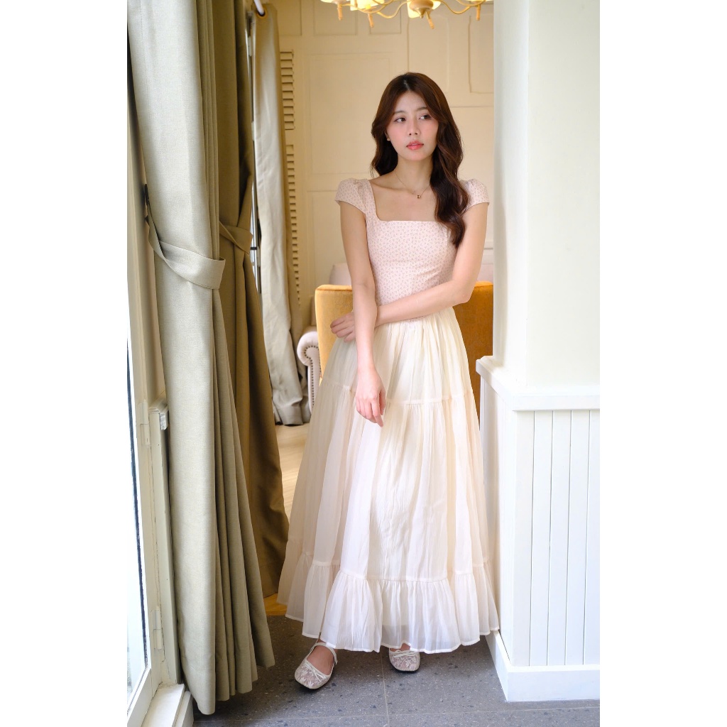 Diana dress phối tơ dáng dài màu vàng nhạt kiểu dáng công chúa thời trang cao cấp