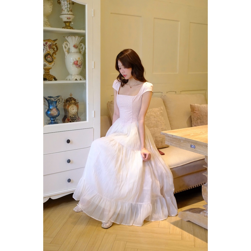 Diana dress phối tơ dáng dài màu vàng nhạt kiểu dáng công chúa thời trang cao cấp