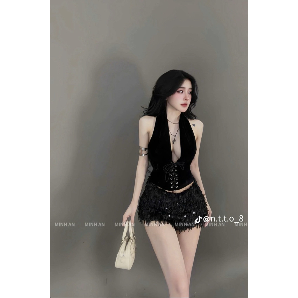 S28 • Set Áo Yếm Nhung Cột Dây Mix Quần Lông Sang Chảnh • NA TÍM Clothing