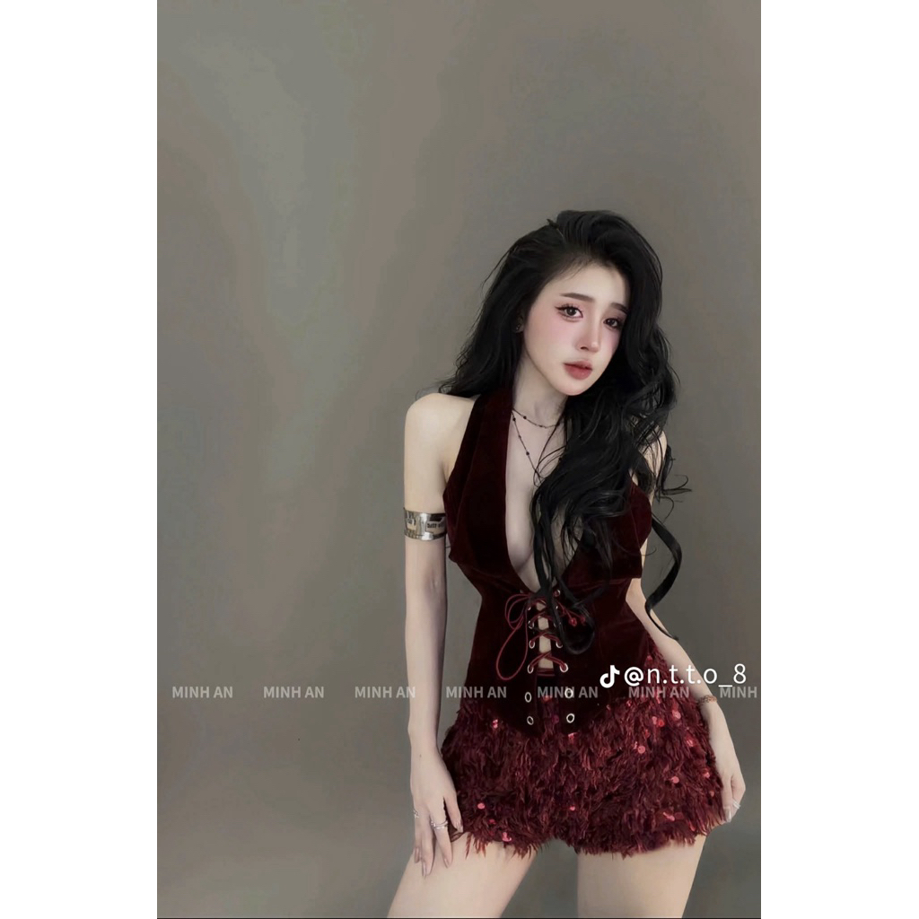 S28 • Set Áo Yếm Nhung Cột Dây Mix Quần Lông Sang Chảnh • NA TÍM Clothing