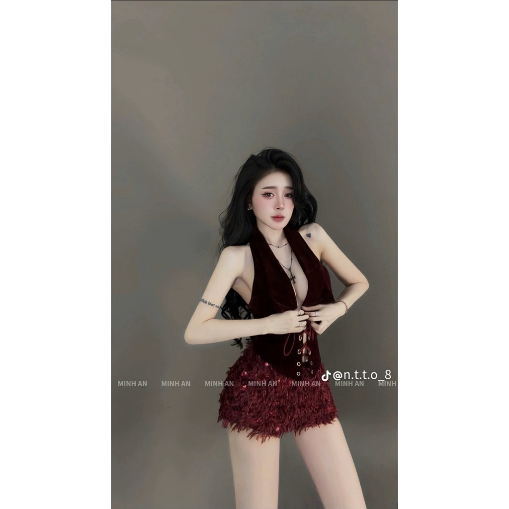 S28 • Set Áo Yếm Nhung Cột Dây Mix Quần Lông Sang Chảnh • NA TÍM Clothing