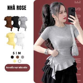 Áo Kiểu Nữ Vạt Bèo Xéo Tua Rua Nhún Eo Cổ Tròn Ngắn Tay Chất Vải Thun Cotton WAK021