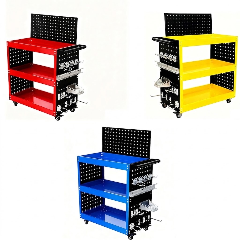 Xe đẩy 3 tầng 4 màu trọng tải 150KG cơ khí nhập khẩu Kệ đựng đồ nghề dụng  có giá treo dụng cụ kèm móc treo