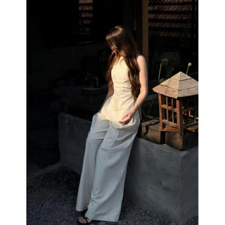 SET ÁO SÁT NÁCH HỞ LƯNG BUỘC DÂY MIX QUẦN SUÔNG NỮ DÁNG RỘNG BE SÁNG NỮ, BỘ ĐỒ NỮ QUẦN DÀI