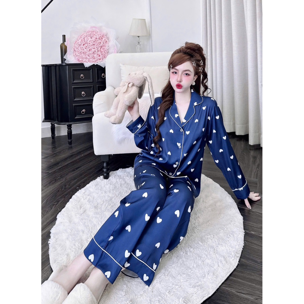 [40725]Tay dài-Quần dài cổ pijama phom truyền thống,lụa latin mềm nhẹ mát