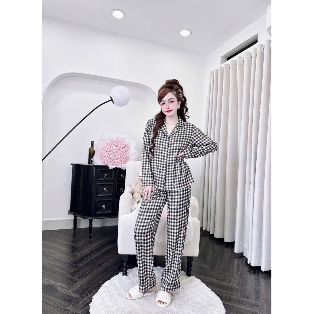 [40725]Tay dài-Quần dài cổ pijama phom truyền thống,lụa latin mềm nhẹ mát
