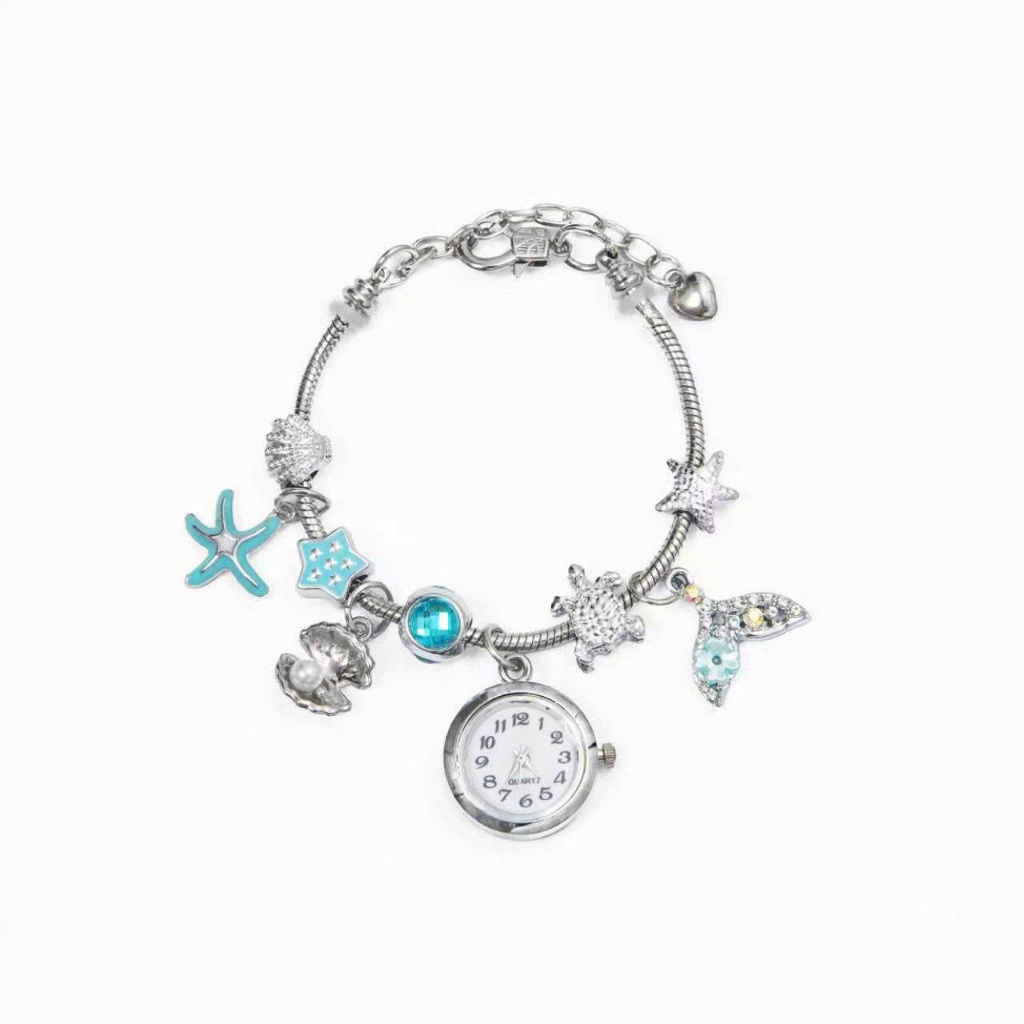 Đồng Hồ vòng tay Nữ bracelet Màu Bạc Charm Biển, Vỏ Sò Đuôi Cá Sao Biển, không gỉ Hàn Quốc, Quà Tặng Cặp Đôi lãng mạn