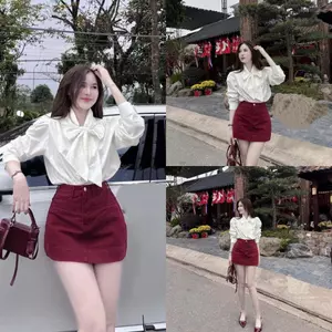 CHÂN VÁY JEANS NỮ CHỮ A ĐỎ MẬN CÓ QUẦN BẢO HỘ CẠP CAO HACK DÁNG