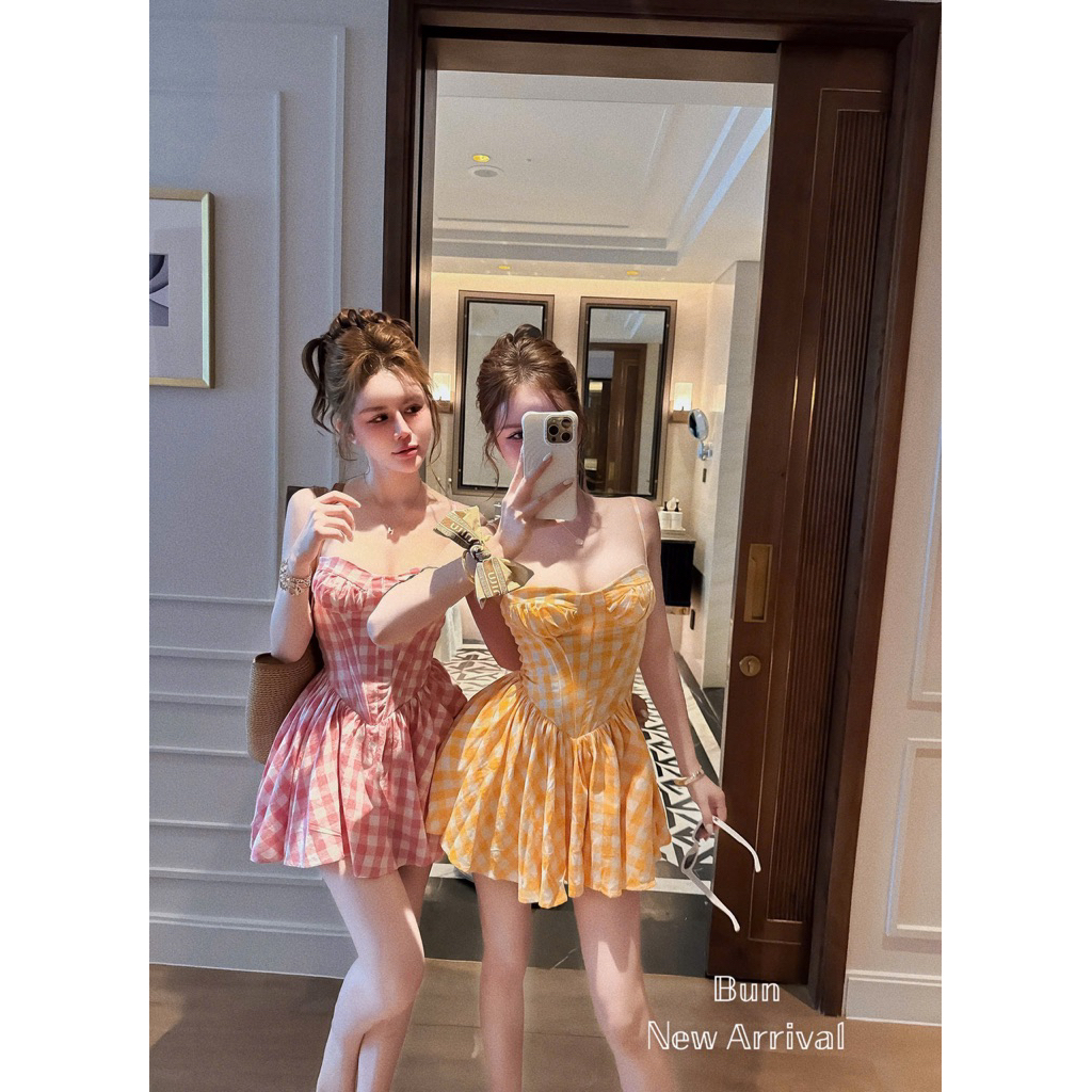 . Váy áo kẻ hai dây thô bèo free size, váy kẻ ô màu free size