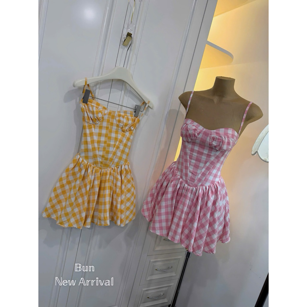 . Váy áo kẻ hai dây thô bèo free size, váy kẻ ô màu free size