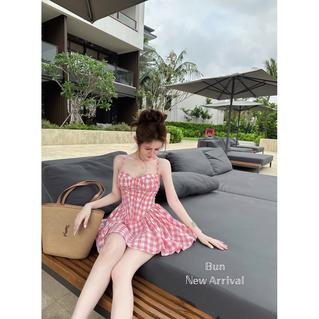 . Váy áo kẻ hai dây thô bèo free size, váy kẻ ô màu free size