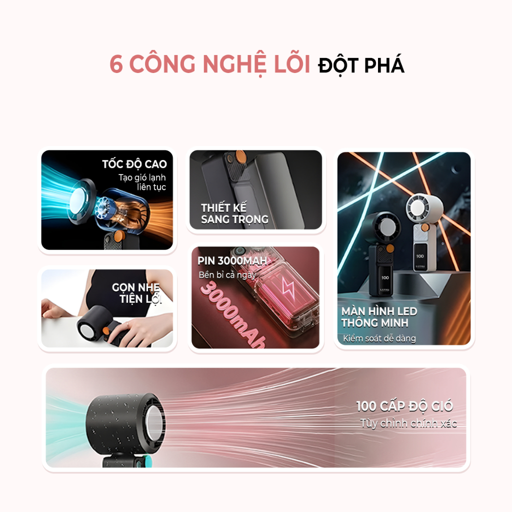 Quạt Mini Cầm Tay Larma Neo Turbo S, 100 Cấp Độ Gió, Chip Làm Lạnh Ice Cool, Màn Hình LED, Pin Đến 7 Giờ, Nhẹ 186g