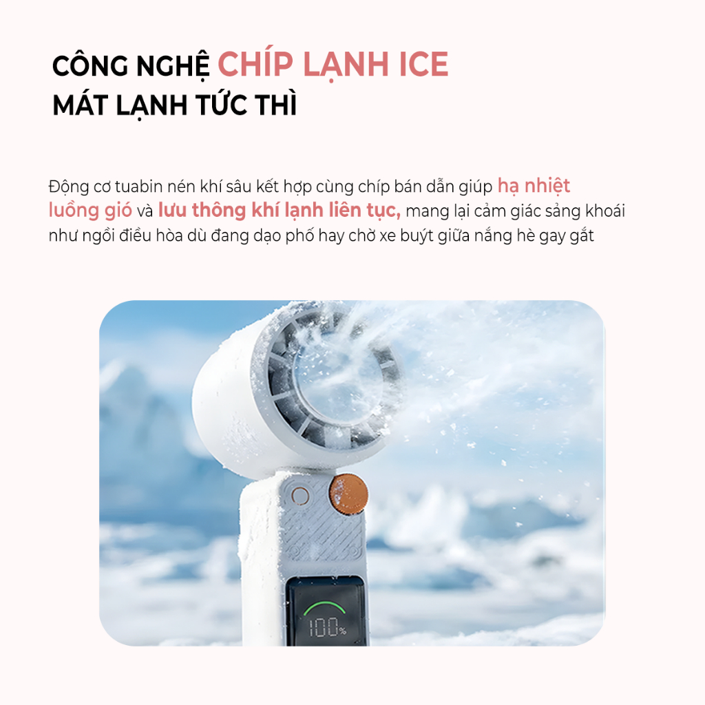 Quạt Mini Cầm Tay Larma Neo Turbo S, 100 Cấp Độ Gió, Chip Làm Lạnh Ice Cool, Màn Hình LED, Pin Đến 7 Giờ, Nhẹ 186g