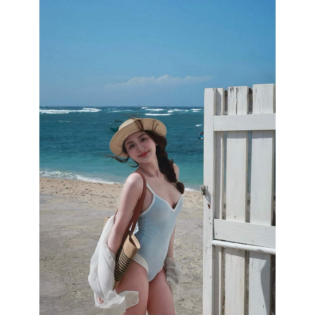 MOONA STUDIO | HOẢ TỐC HN |Bikini Liền Thân Xanh Trời Viền Trắng  - Ôm Body Tôn Dáng Đi Biển