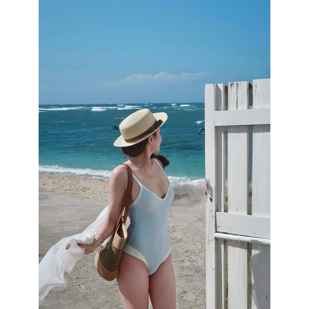 MOONA STUDIO | HOẢ TỐC HN |Bikini Liền Thân Xanh Trời Viền Trắng  - Ôm Body Tôn Dáng Đi Biển