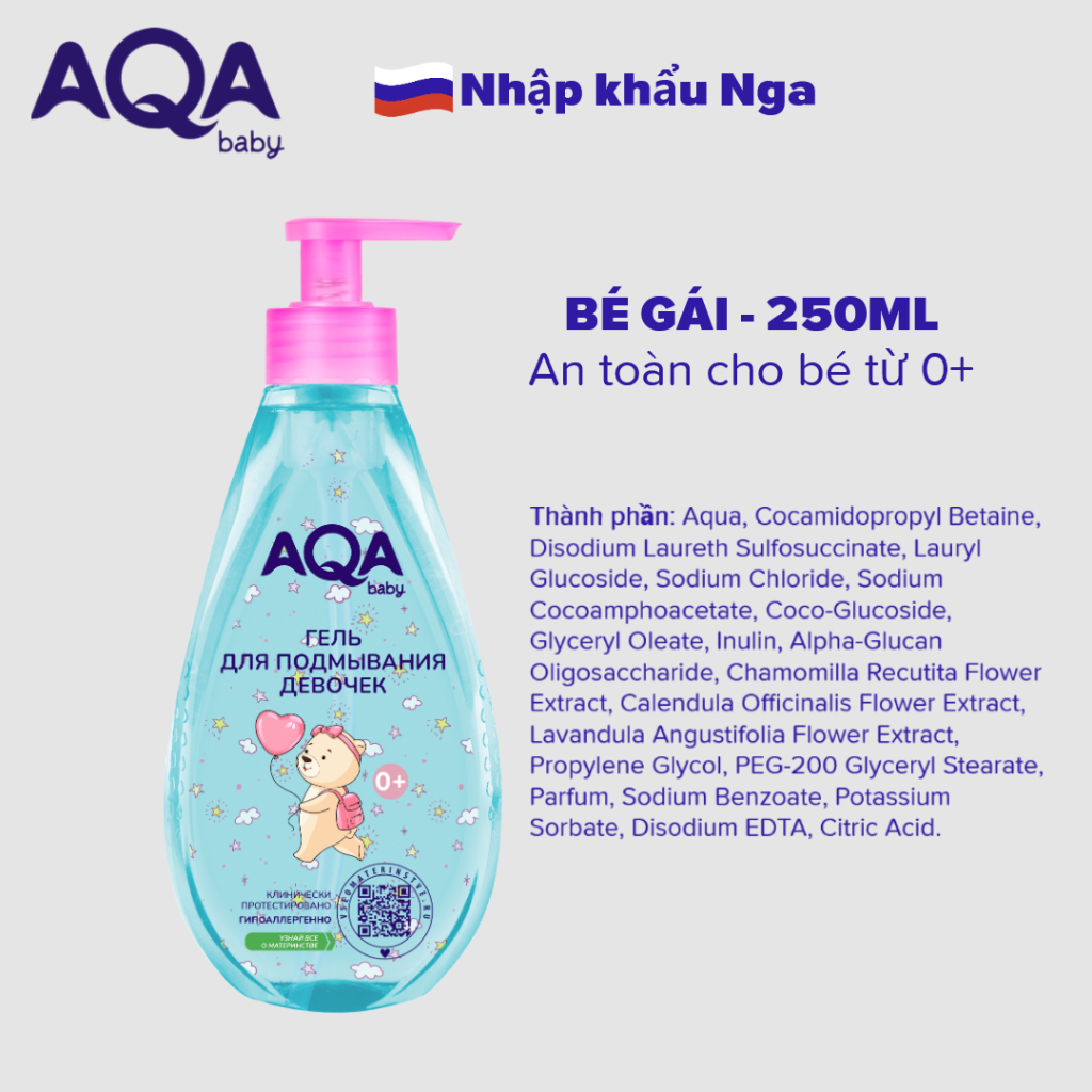 [DATE MỚI] Dung dịch vệ sinh cho bé gái/ trai AQA baby cho bé 0-8 tuổi 250ml của Nga