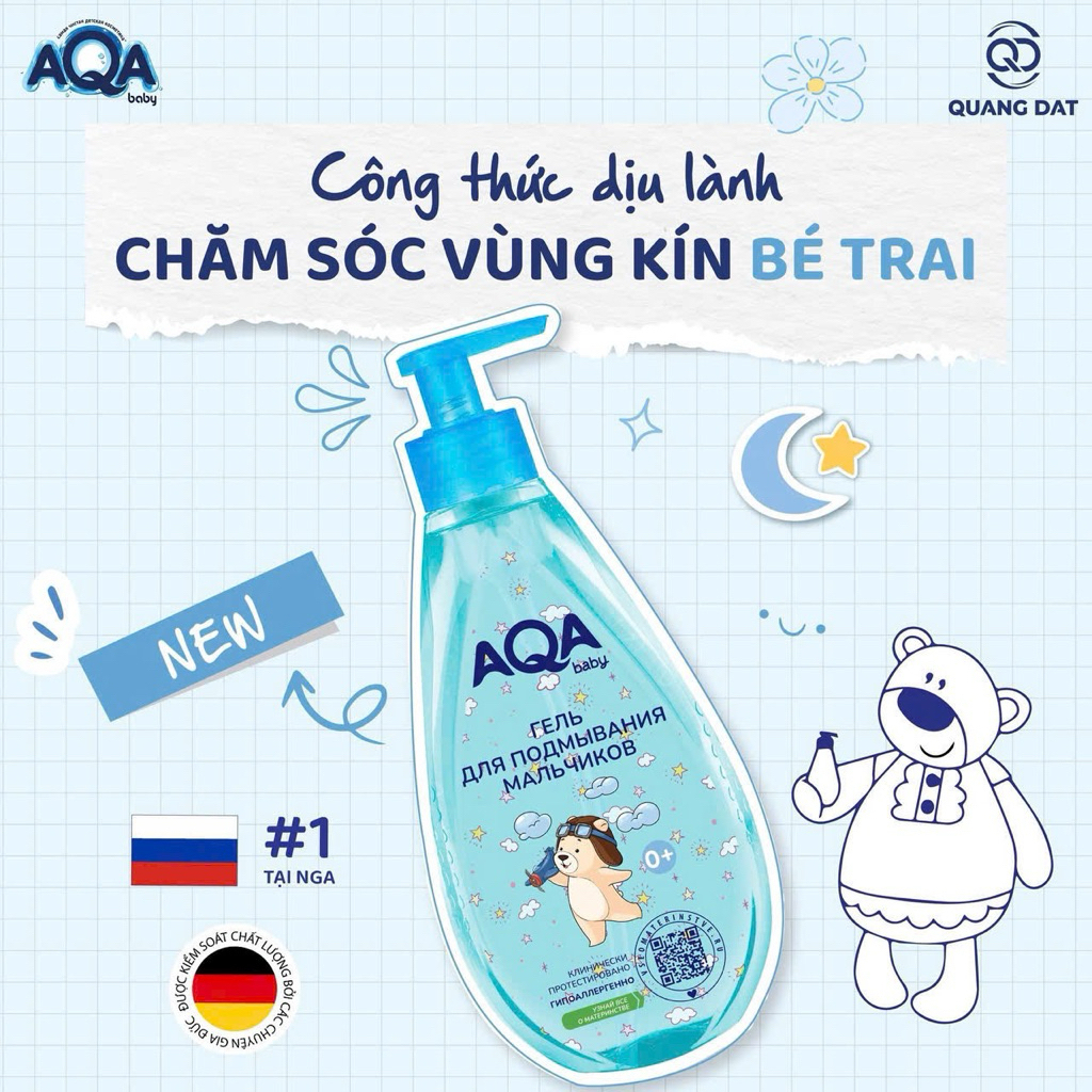 [DATE MỚI] Dung dịch vệ sinh cho bé gái/ trai AQA baby cho bé 0-8 tuổi 250ml của Nga