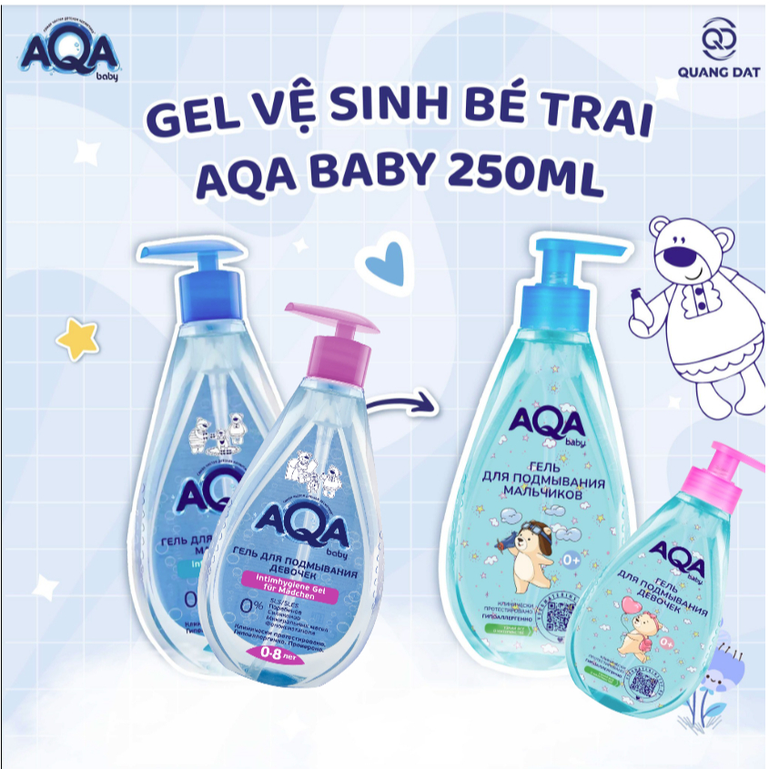 [DATE MỚI] Dung dịch vệ sinh cho bé gái/ trai AQA baby cho bé 0-8 tuổi 250ml của Nga
