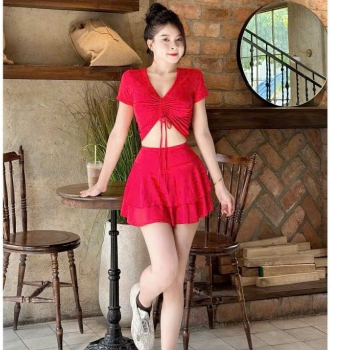 Set váy đi bơi , tập aerobic... váy xòe tầng ,áo rút dây kín đáo trẻ trung năng động che khuyết điểm