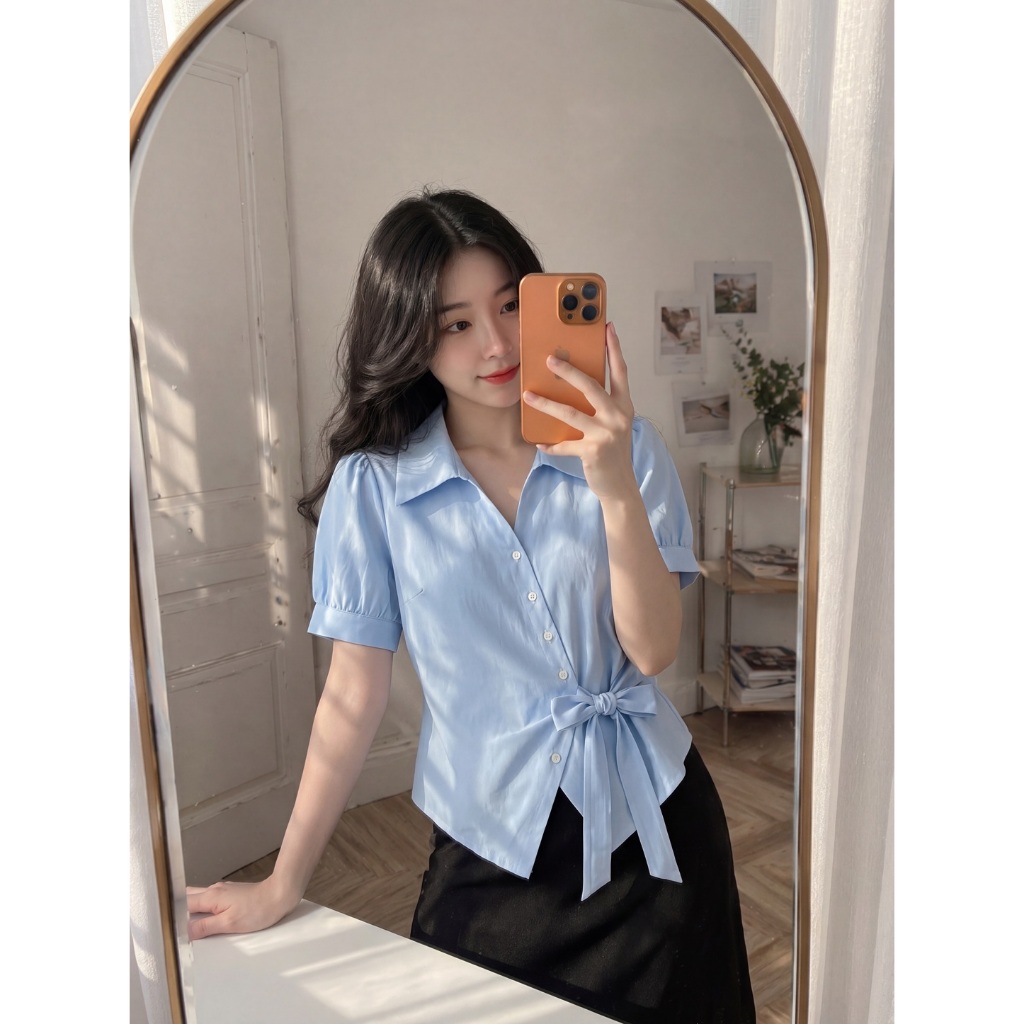 Áo SƠ mi vạt chéo buộc nơ eo  , chất liệu mềm mại thoáng mát, phù hợp đi làm đi chơi  với 4 màu nổi bật xinh xinh B3