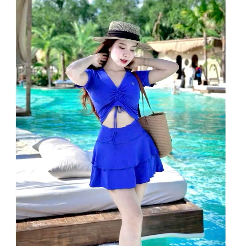 Set váy đi bơi , tập aerobic... váy xòe tầng ,áo rút dây kín đáo trẻ trung năng động che khuyết điểm