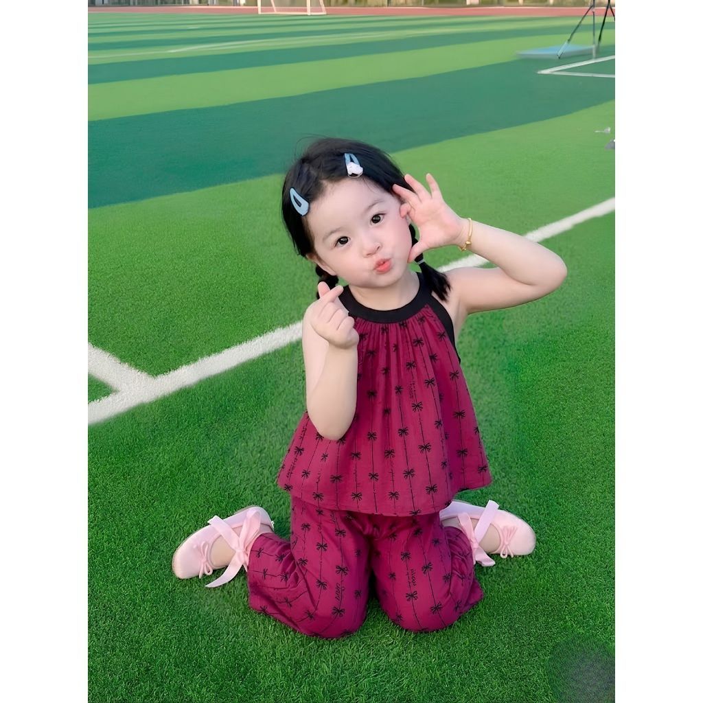 Bộ quần áo lụa cho bé gái cổ yếm sz 14-43kg dáng babydoll in nơ xinh xắn dễ thương mùa hè 2026 H89
