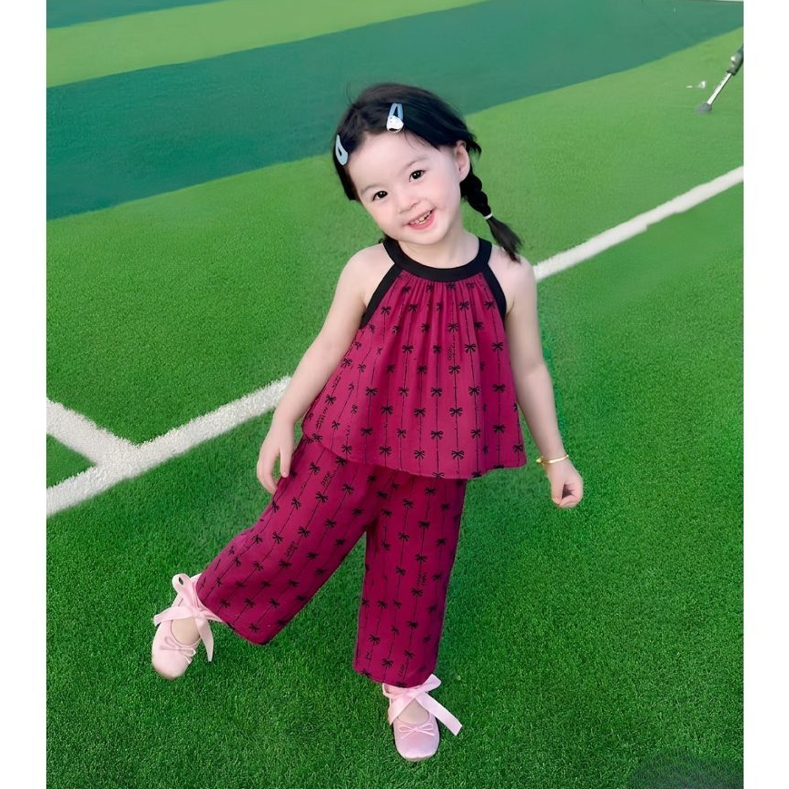 Bộ quần áo lụa cho bé gái cổ yếm sz 14-43kg dáng babydoll in nơ xinh xắn dễ thương mùa hè 2026 H89