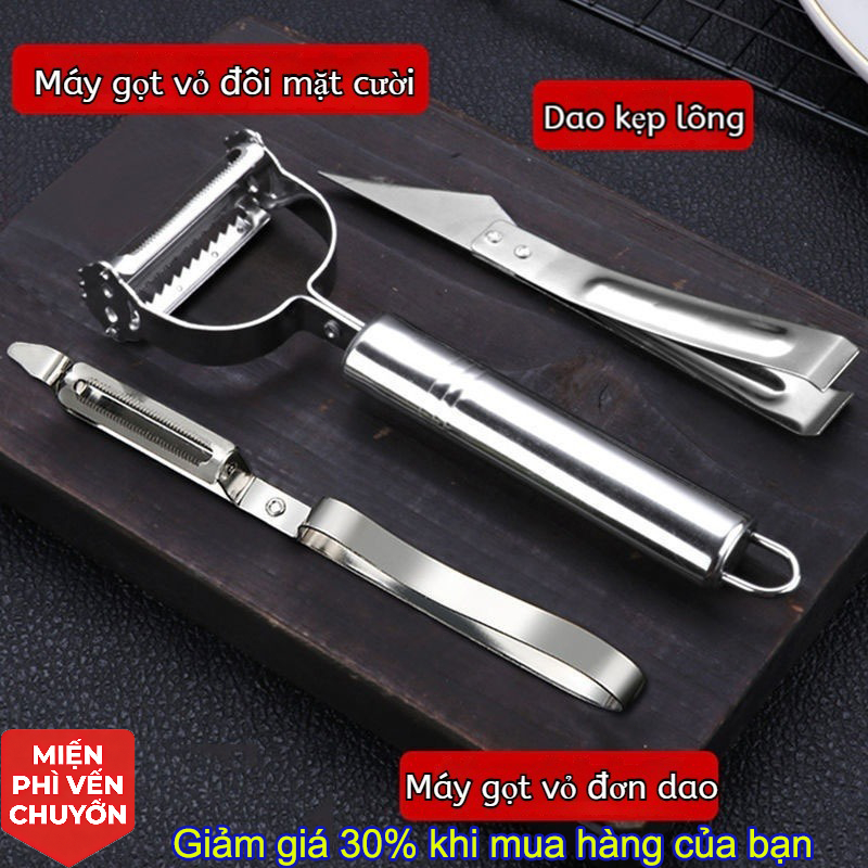 Bộ 3 Dụng Cụ Gọt Vỏ, Tỉa, Kẹp Lông Thép Không Gỉ Dành Cho Nhà Bép